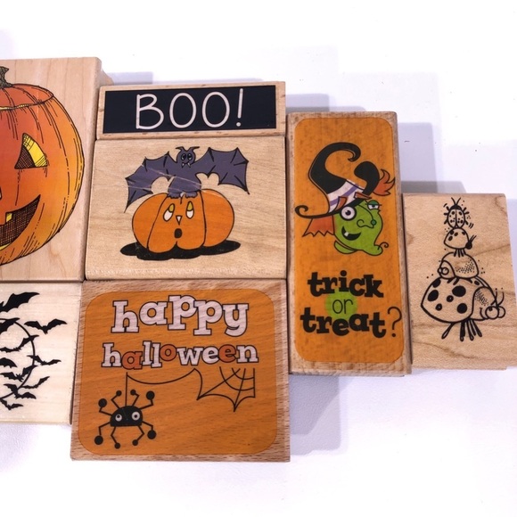 Halloween Wood Rubber Stamp Huge Lot of 8 Witch Pumpkin Bats Boo - Picture 3 of 4